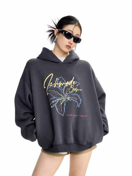 ICH MODE Floral Design American Trendy Hooded Sweatshirt, Loose Fit, Retro Style, Niche High Street Autumn Jacket