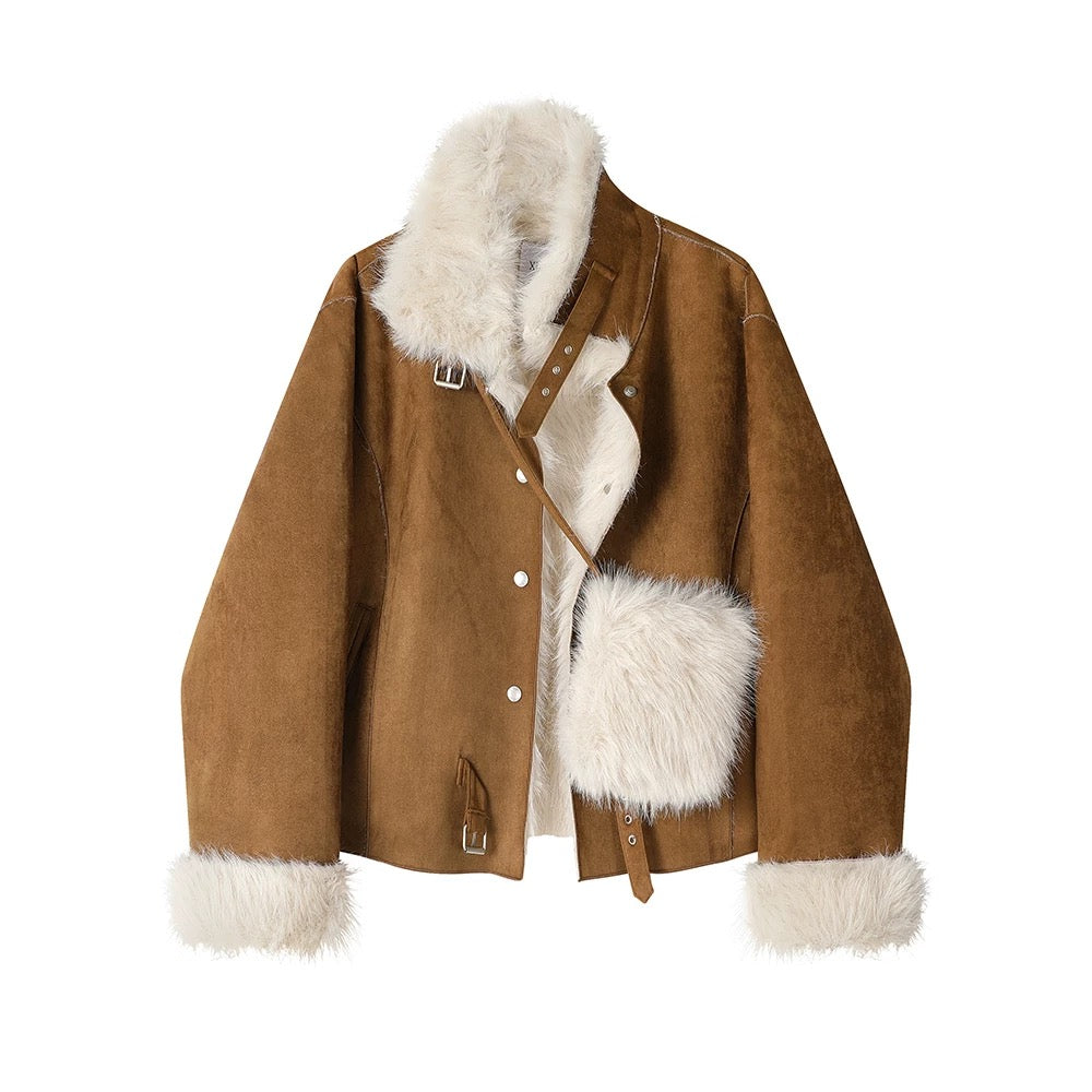 XinmonLee sweet and stylish pink fur winter Korean retro deerskin coat