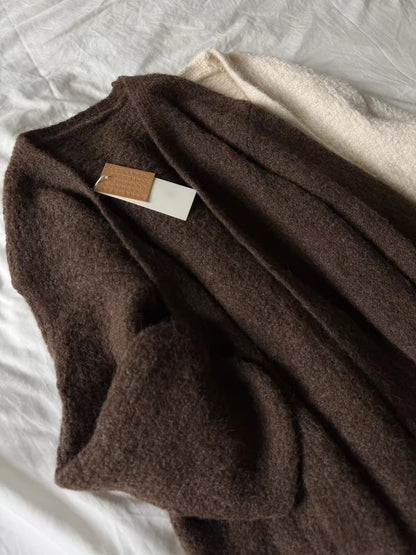 Highly recommended! "Old Money" style dark brown open-front knit cardigan—a relaxed, oversized piece perfect for autumn.