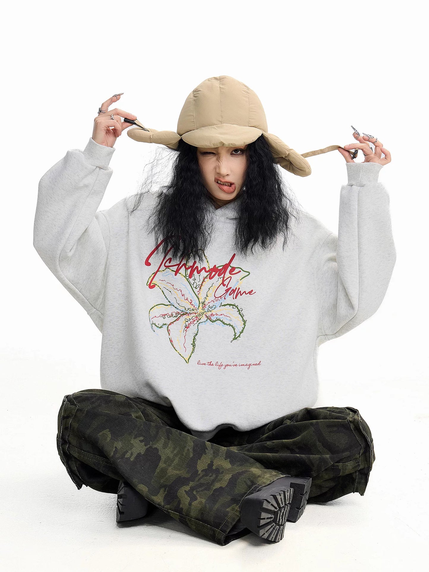 ICH MODE Floral Design American Trendy Hooded Sweatshirt, Loose Fit, Retro Style, Niche High Street Autumn Jacket