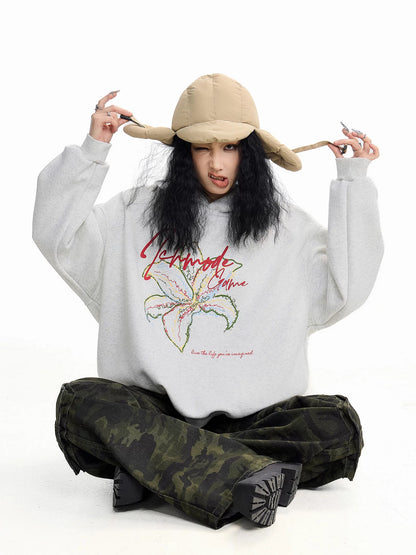ICH MODE Floral Design American Trendy Hooded Sweatshirt, Loose Fit, Retro Style, Niche High Street Autumn Jacket