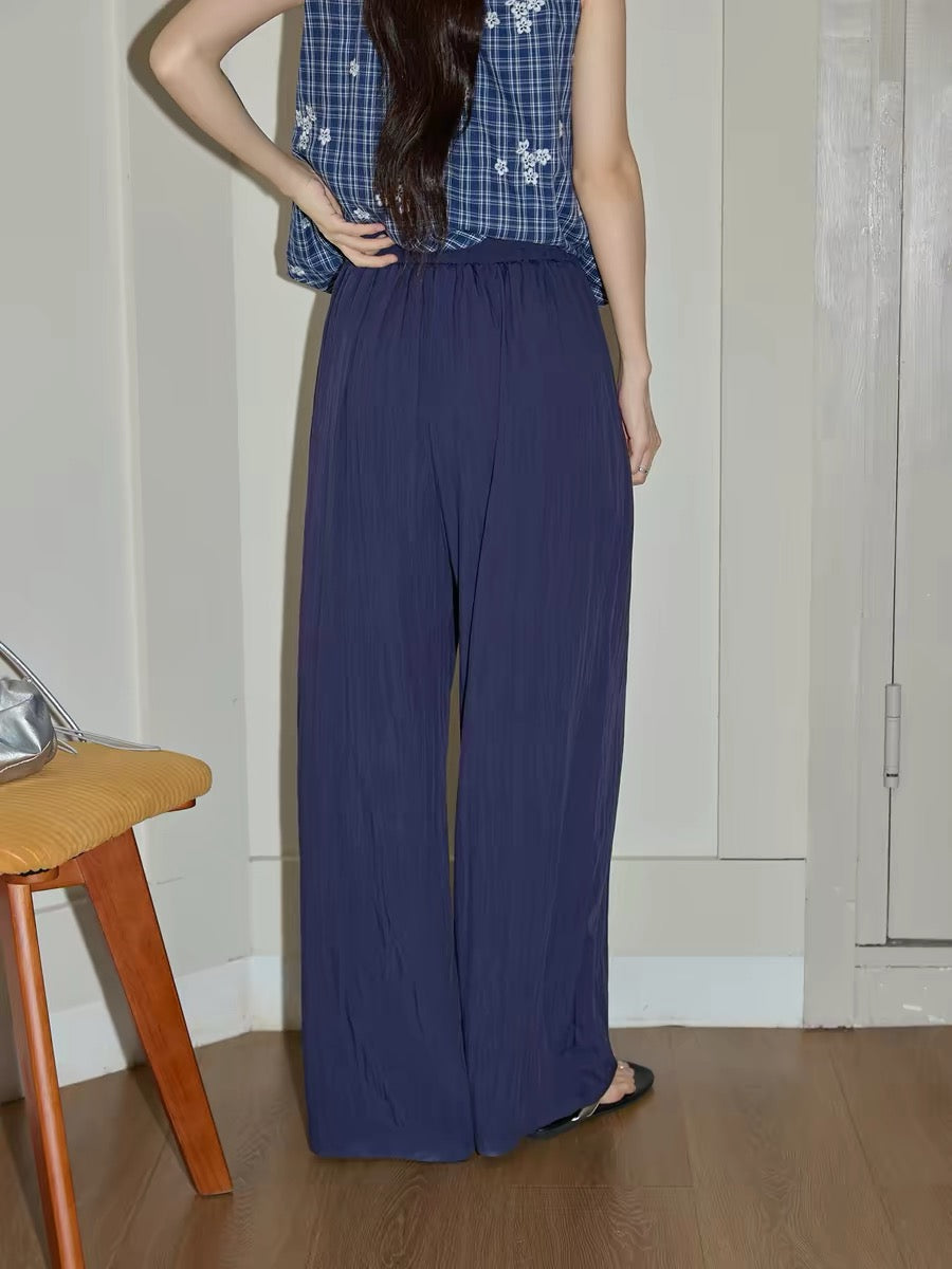 Chaochao's navy blue textured wide-leg casual pants for women, summer 2026, elastic waist, loose fit, floor-length.
