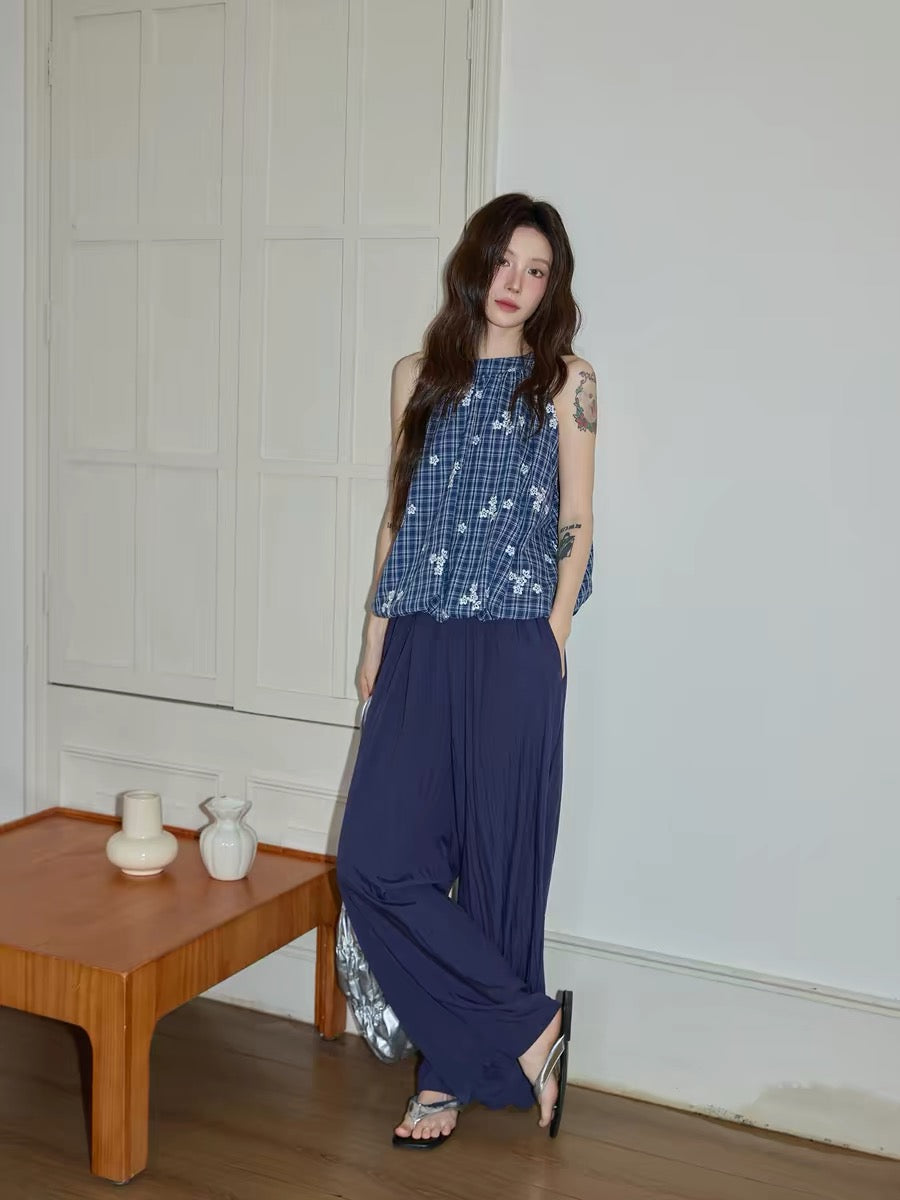Chaochao's navy blue textured wide-leg casual pants for women, summer 2026, elastic waist, loose fit, floor-length.