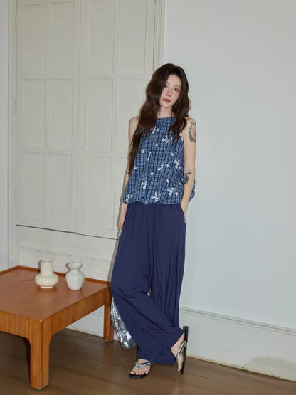 Chaochao's navy blue textured wide-leg casual pants for women, summer 2026, elastic waist, loose fit, floor-length.