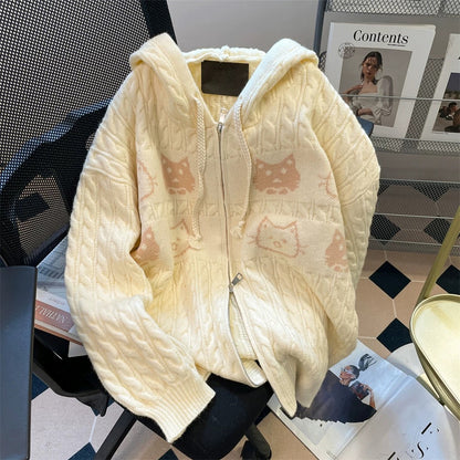 Creamy yellow cute cat hooded twist sweater for women spring and autumn loose Korean style sweet soft waxy knitted cardigan jacket