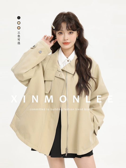 XinmonLee retro niche stand-up collar temperament cloak windbreaker jacket design loose casual top autumn