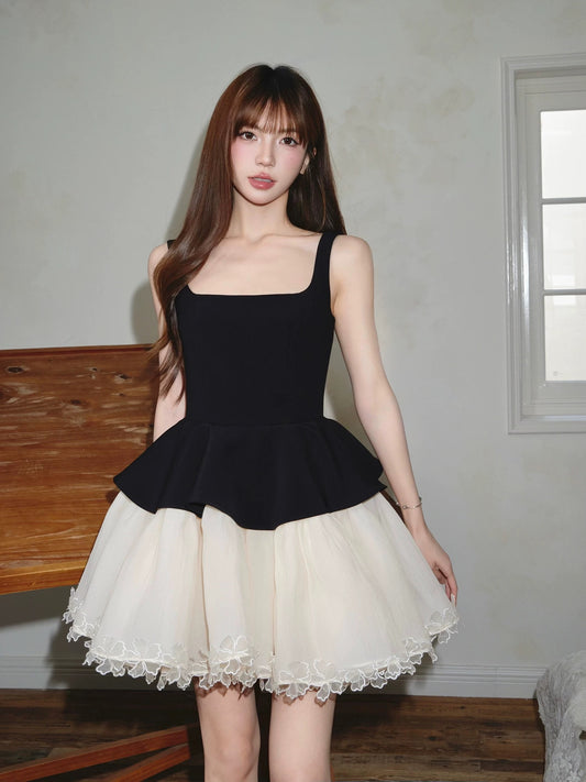 avenement/heavy lace embroidery square collar dress sleeveless splicing mesh tulle skirt temperament female summer