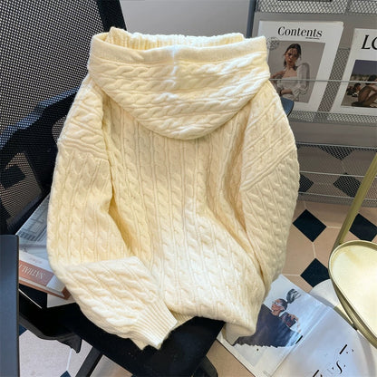 Creamy yellow cute cat hooded twist sweater for women spring and autumn loose Korean style sweet soft waxy knitted cardigan jacket