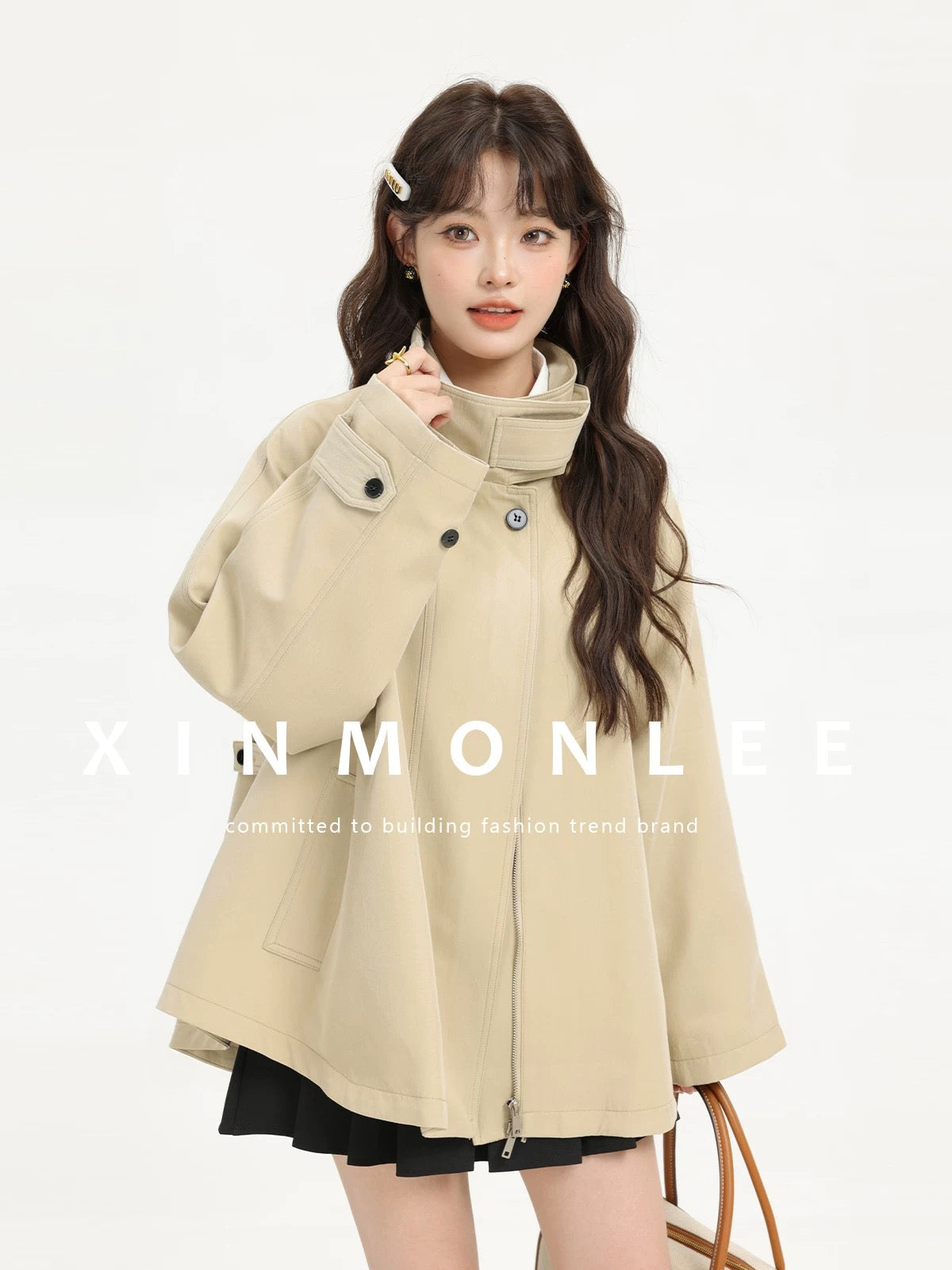 XinmonLee retro niche stand-up collar temperament cloak windbreaker jacket design loose casual top autumn