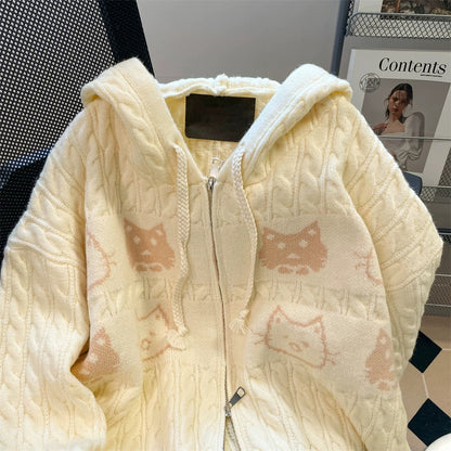 Creamy yellow cute cat hooded twist sweater for women spring and autumn loose Korean style sweet soft waxy knitted cardigan jacket