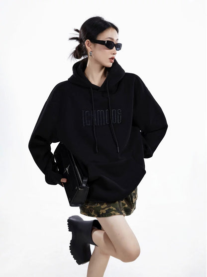 ICH MODE American Retro Hooded Embroidered Sweatshirt for Women, Autumn 2025 New Style, Loose Fit, Versatile Outerwear Top