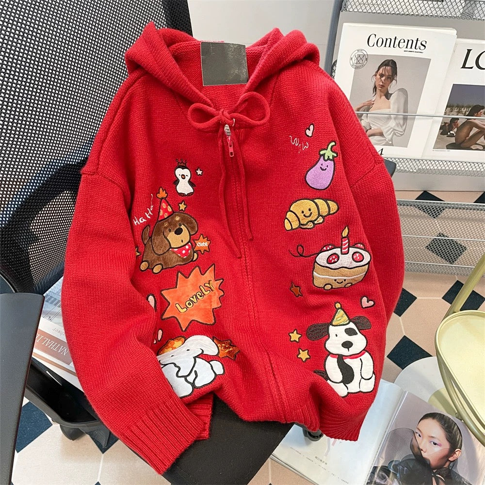 Japanese Christmas red puppy embroidered hooded sweater for women in autumn and winter sweet and cute age-reducing western style knitted cardigan jacket