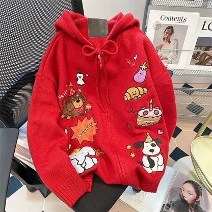 Japanese Christmas red puppy embroidered hooded sweater for women in autumn and winter sweet and cute age-reducing western style knitted cardigan jacket