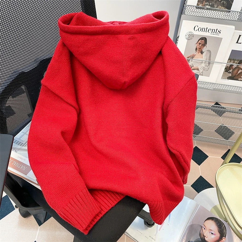 Japanese Christmas red puppy embroidered hooded sweater for women in autumn and winter sweet and cute age-reducing western style knitted cardigan jacket