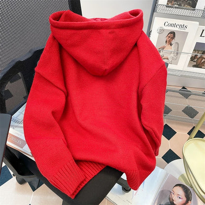 Japanese Christmas red puppy embroidered hooded sweater for women in autumn and winter sweet and cute age-reducing western style knitted cardigan jacket