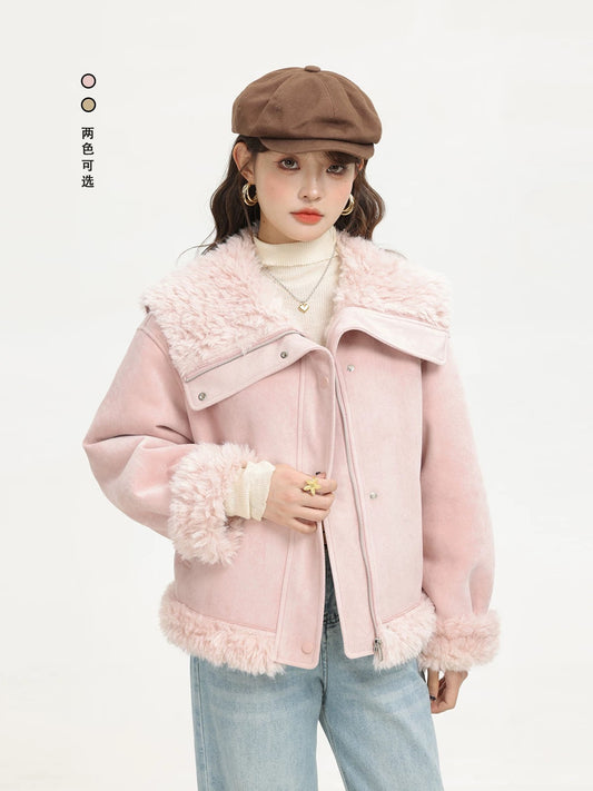 XinmonLee sweet Korean navy collar cat style lamb fur fur coat winter plus velvet cotton coat