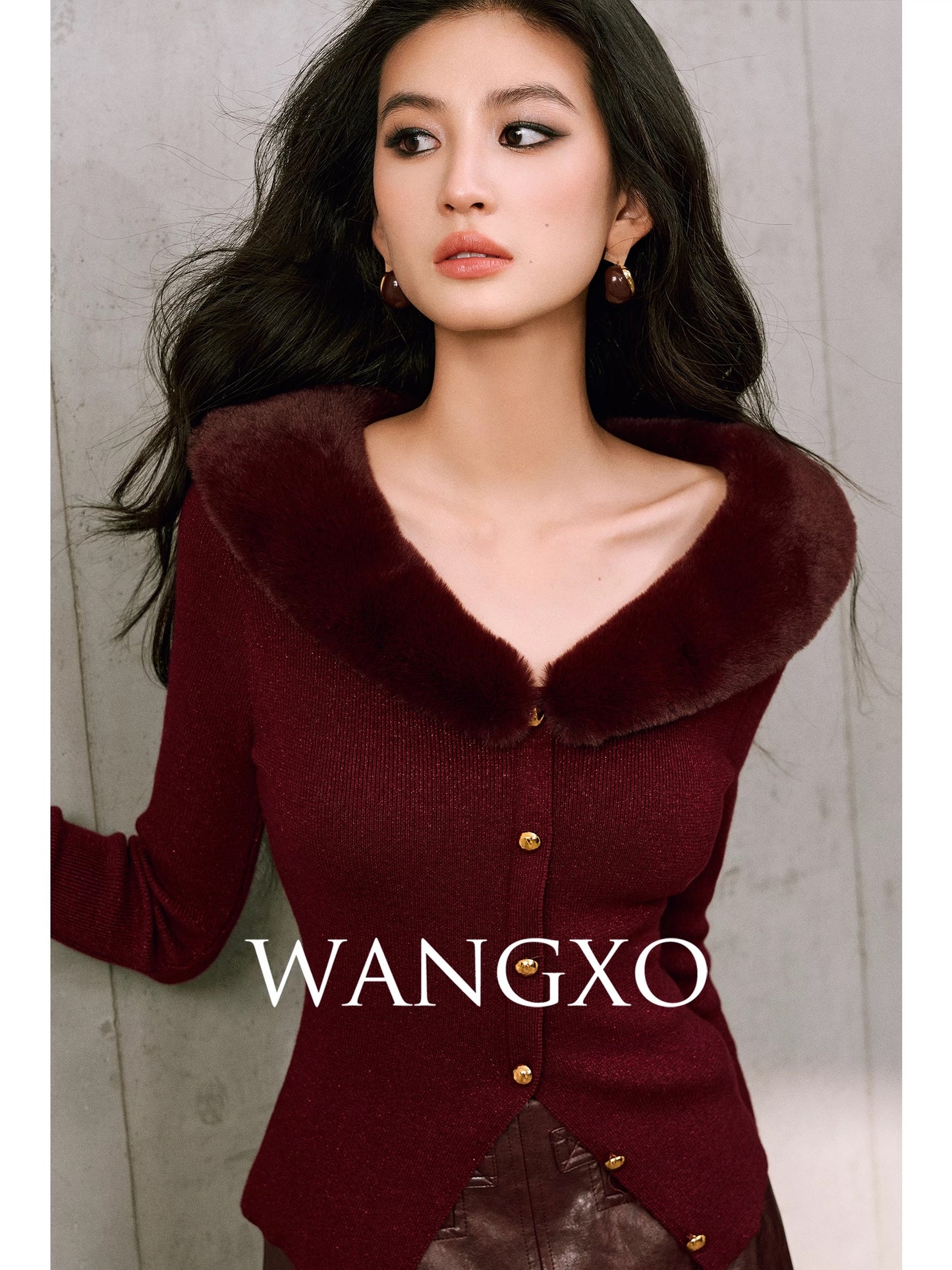 WANGXO | Sparkling Galaxy Wool | Detachable Eco-friendly Rabbit Fur Collar, Embossed Gold Buckle, Inverted V-Shaped Hem
