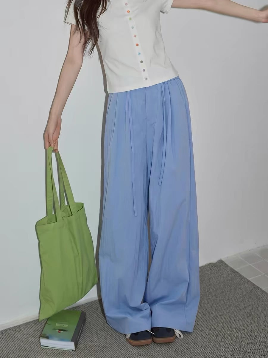 Chaochao Home High-End Blue Drawstring Wide-Leg Casual Pants for Women, Summer 2026, Lightweight, Loose, Straight Leg, Floor-Length Pants