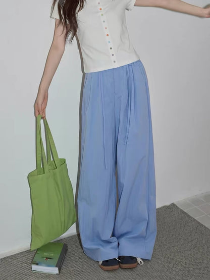 Chaochao Home High-End Blue Drawstring Wide-Leg Casual Pants for Women, Summer 2026, Lightweight, Loose, Straight Leg, Floor-Length Pants
