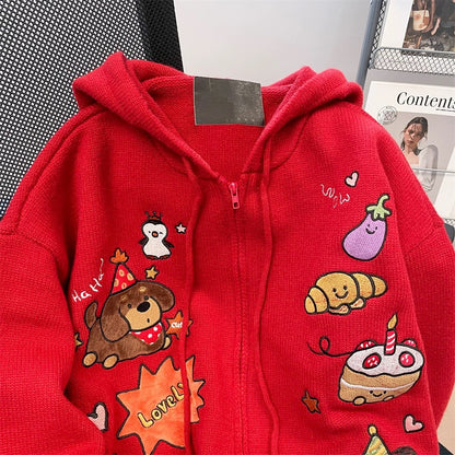 Japanese Christmas red puppy embroidered hooded sweater for women in autumn and winter sweet and cute age-reducing western style knitted cardigan jacket