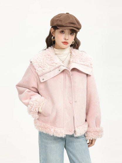 XinmonLee sweet Korean navy collar cat style lamb fur fur coat winter plus velvet cotton coat