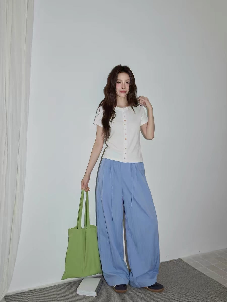 Chaochao Home High-End Blue Drawstring Wide-Leg Casual Pants for Women, Summer 2026, Lightweight, Loose, Straight Leg, Floor-Length Pants