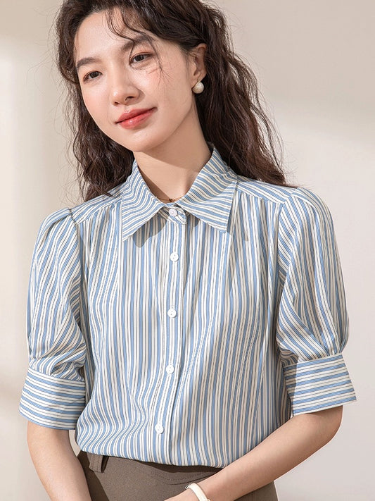French Puff Sleeve Blue Striped Shirt Women's Short Sleeve 2024 Summer New Casual Commuting Professional Interview Top