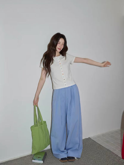 Chaochao Home High-End Blue Drawstring Wide-Leg Casual Pants for Women, Summer 2026, Lightweight, Loose, Straight Leg, Floor-Length Pants