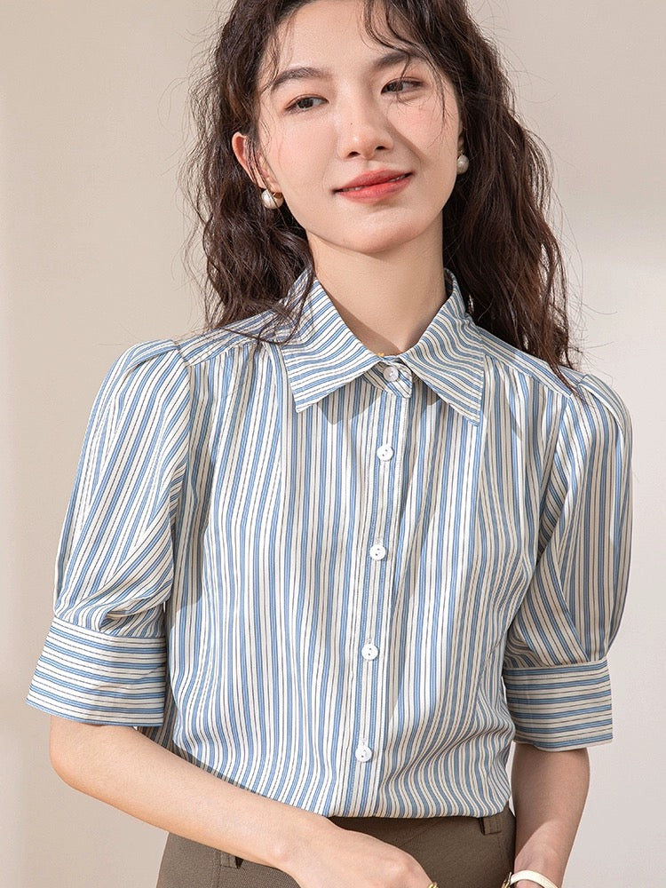 French Puff Sleeve Blue Striped Shirt Women's Short Sleeve 2024 Summer New Casual Commuting Professional Interview Top