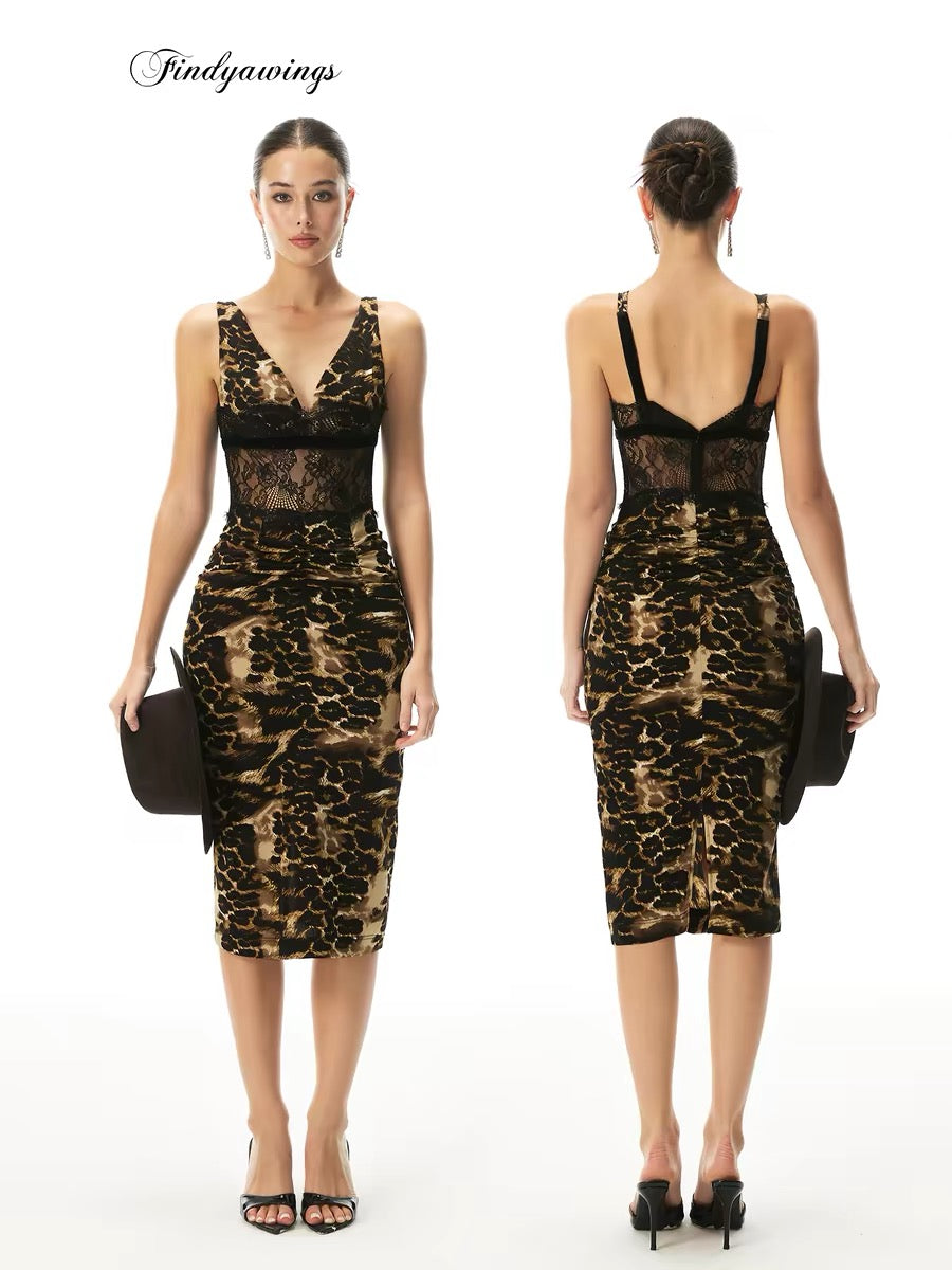 FINDYAWINGS "Wild Wanderer" Lace-trimmed Leopard Print Bodycon Skirt