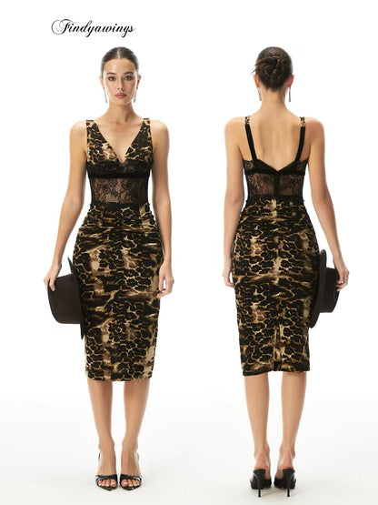FINDYAWINGS "Wild Wanderer" Lace-trimmed Leopard Print Bodycon Skirt