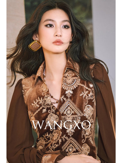WANGXO｜Heavyweight and Gorgeous Embroidery with Retro Patterns｜Court Style Chiffon Puff Sleeve V-Neck Fitted Waist Top