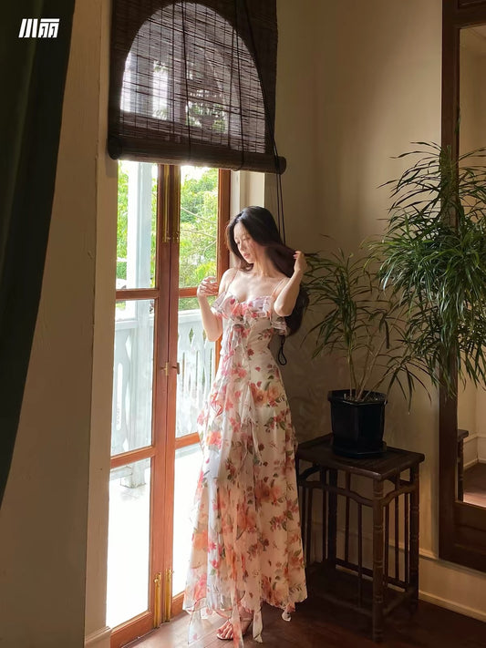 Xiaoli "Spring Orange" Seaside Vacation Irregular Rose Ruffle-Trimmed Printed Maxi Slip Dress