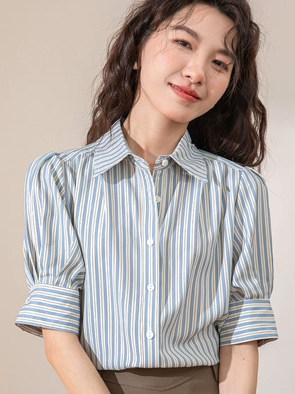 French Puff Sleeve Blue Striped Shirt Women's Short Sleeve 2024 Summer New Casual Commuting Professional Interview Top
