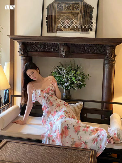 Xiaoli "Spring Orange" Seaside Vacation Irregular Rose Ruffle-Trimmed Printed Maxi Slip Dress