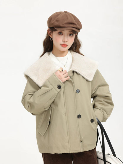 XinmonLee high-grade navy collar splicing lambswool down jacket winter casual temperament slim women