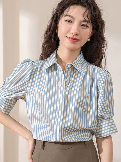 French Puff Sleeve Blue Striped Shirt Women's Short Sleeve 2024 Summer New Casual Commuting Professional Interview Top