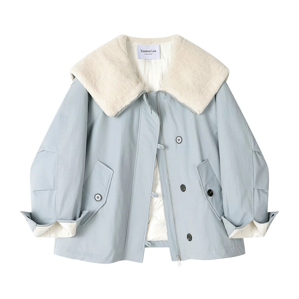 XinmonLee high-grade navy collar splicing lambswool down jacket winter casual temperament slim women