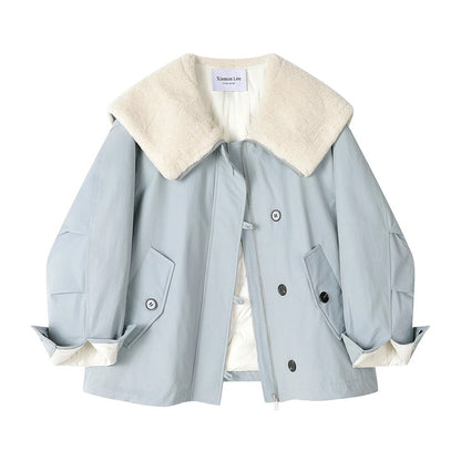 XinmonLee high-grade navy collar splicing lambswool down jacket winter casual temperament slim women