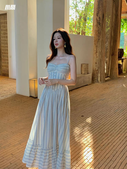 Xiaoli "Whispers of Sea Salt": Blue Cotton Seaside Vacation Maxi Dress – Cool-Toned Striped Camisole Style