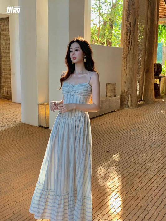 Xiaoli "Whispers of Sea Salt": Blue Cotton Seaside Vacation Maxi Dress – Cool-Toned Striped Camisole Style