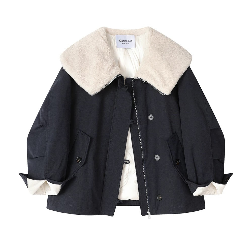 XinmonLee high-grade navy collar splicing lambswool down jacket winter casual temperament slim women