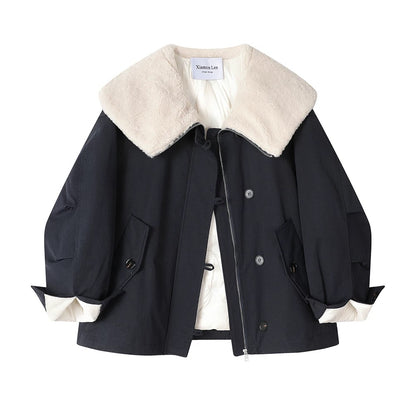 XinmonLee high-grade navy collar splicing lambswool down jacket winter casual temperament slim women