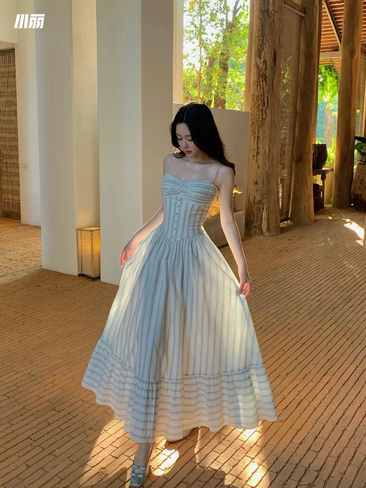 Xiaoli "Whispers of Sea Salt": Blue Cotton Seaside Vacation Maxi Dress – Cool-Toned Striped Camisole Style