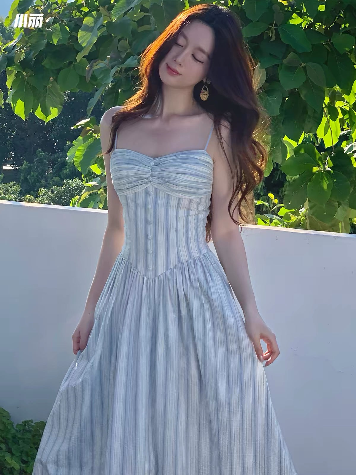 Xiaoli "Whispers of Sea Salt": Blue Cotton Seaside Vacation Maxi Dress – Cool-Toned Striped Camisole Style