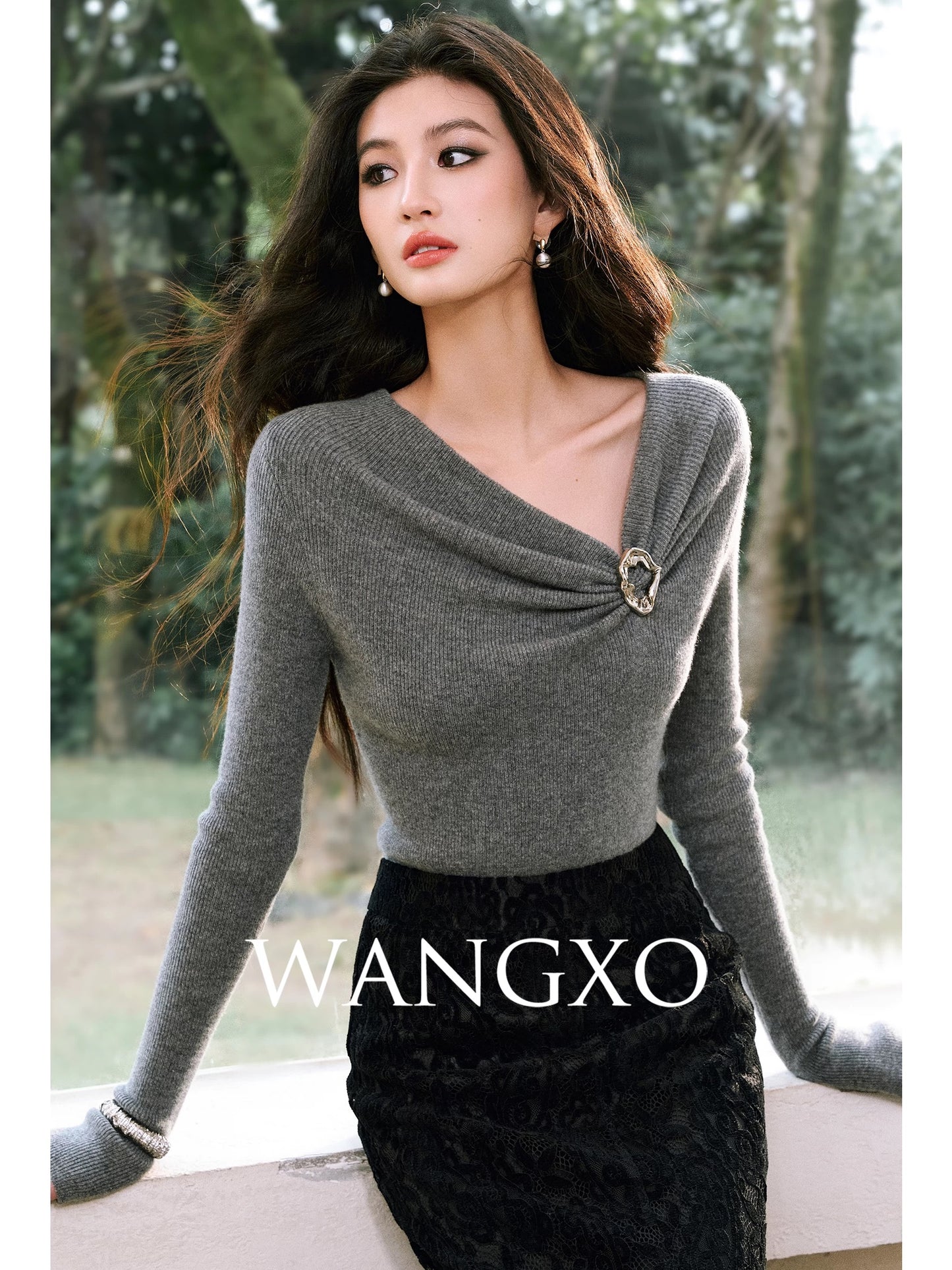 WANGXO | Luxurious Lightweight Warm Cashmere and Wool with 3D Texture | Slim Fit Knit Sweater with Asymmetrical Neck, Gathered Pleats, and Metallic Decoration
