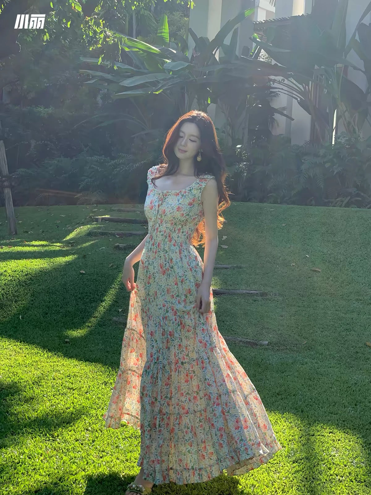 Xiao Li "Chasing the Wind in the Wilds" — Red floral-print maxi camisole dress featuring a paneled, tiered, voluminous A-line skirt.