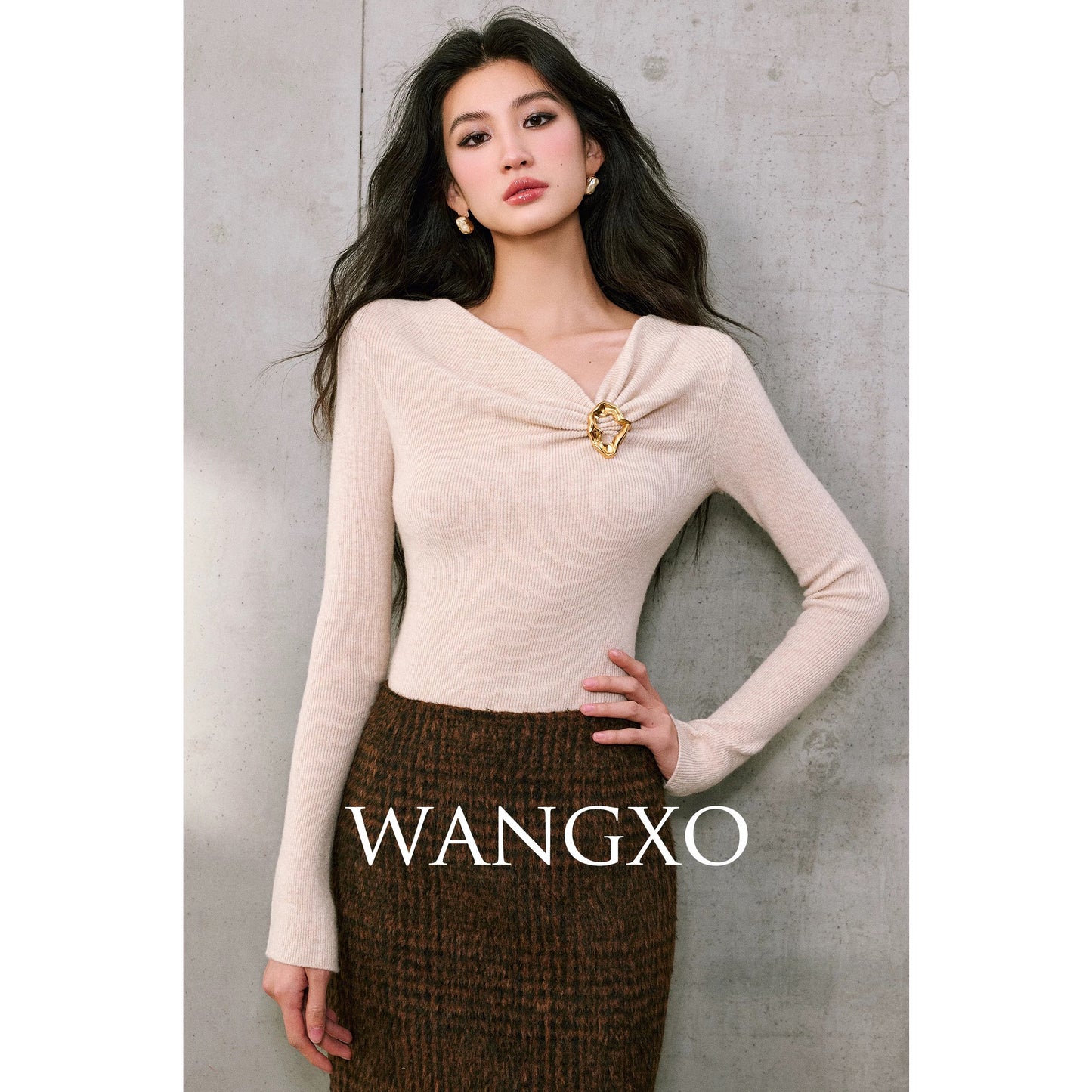 WANGXO | Luxurious Lightweight Warm Cashmere and Wool with 3D Texture | Slim Fit Knit Sweater with Asymmetrical Neck, Gathered Pleats, and Metallic Decoration