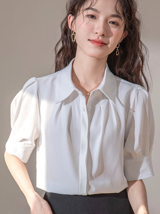 French puff sleeve white shirt women's short-sleeved 2024 new summer style temperament commuting professional interview formal top