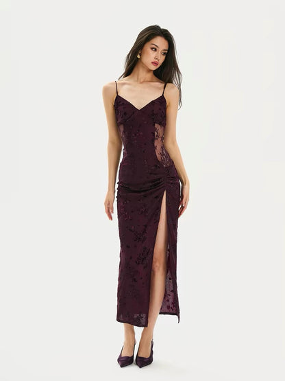 Xu Jiaqi's Style" FINDYAWINGS Original Sexy Lace-Patchwork Suspender Dress with Slit Maxi Skirt
